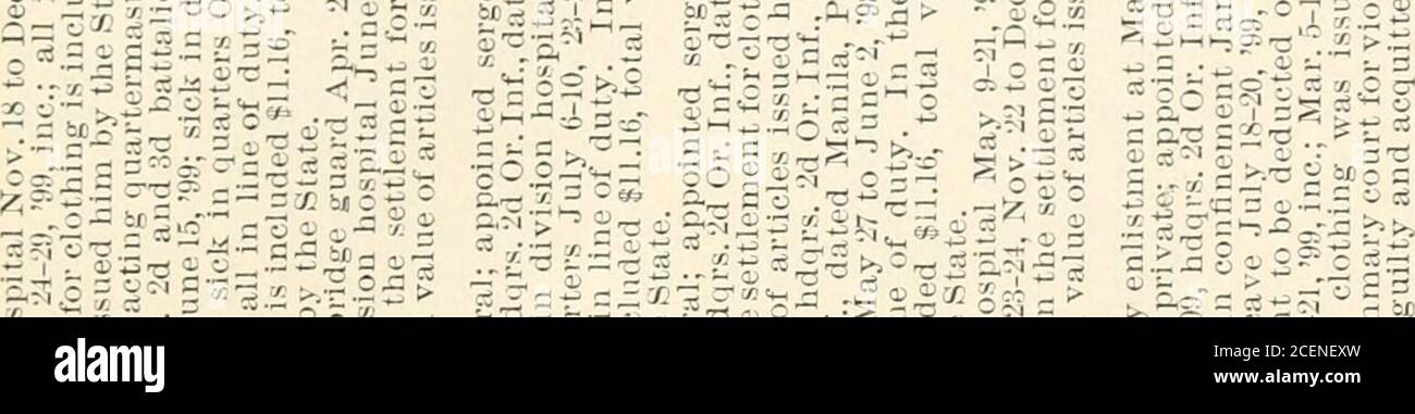 . The official records of the Oregon volunteers in the Spanish war and Philippine insurrection. t is includedS12.07, total value of articles issued him by the State.Due soldier for overcharge in State clothing, $5.08. Enrolled as sergeant; appointed 1st sergeant May 29,99, per Co. O. No. 11, Manila, I. I., vice Geo. W. Martin,promoted 2d lieutenant; sick in quarters July 1(1-30,98, inc.; Feb. 27 to Mar. 7, 9!l, inc.; all in line of duty.In the settlement for clothing is included $11.16, totalvalue of articles issued liim by the State. Deposited$10, Aug. 8, 98, with Major Kilbourne. J, •1 1 1 - Stock Photo