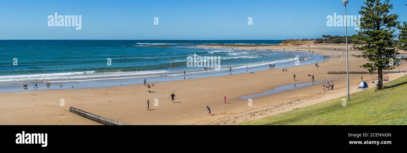 Front Beach, Torquay, Great Ocean Road, Victoria, Australia, with Point Danger in the distance Stock Photo