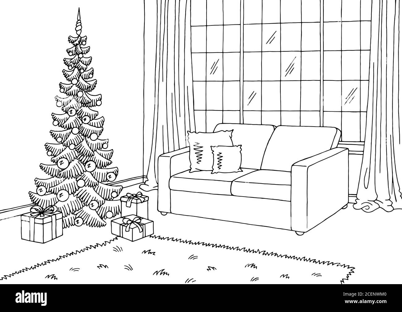 Country Living Room With Christmas Tree Sketch