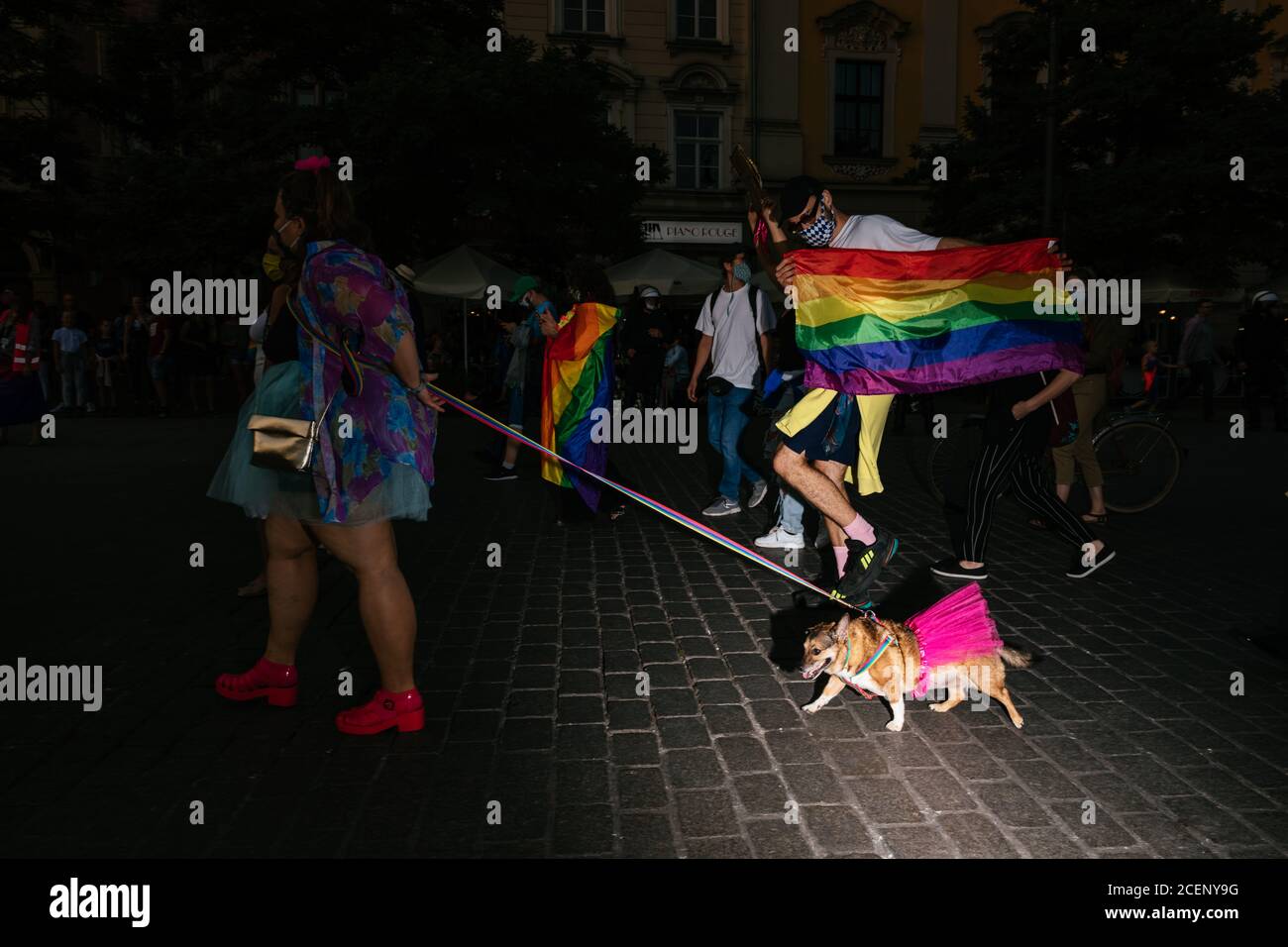 A dog wearing pink superhero's cape seen during the march.Annual Equality March also known as Pride Parade has attracted a particularly large number of participants, as well as two counterdemonstrations. In Poland, a fierce public debate has recently taken place between tolerance supporters, with centre or left-wing views, and conservative, nationalist, Catholic right wing circles, which are expressing their aversion to the LGBT community in an increasingly ruthless manner. Opponents of the LGBT community accuse it of trying to carry out a moral revolution. Those in favour of tolerance recall Stock Photo