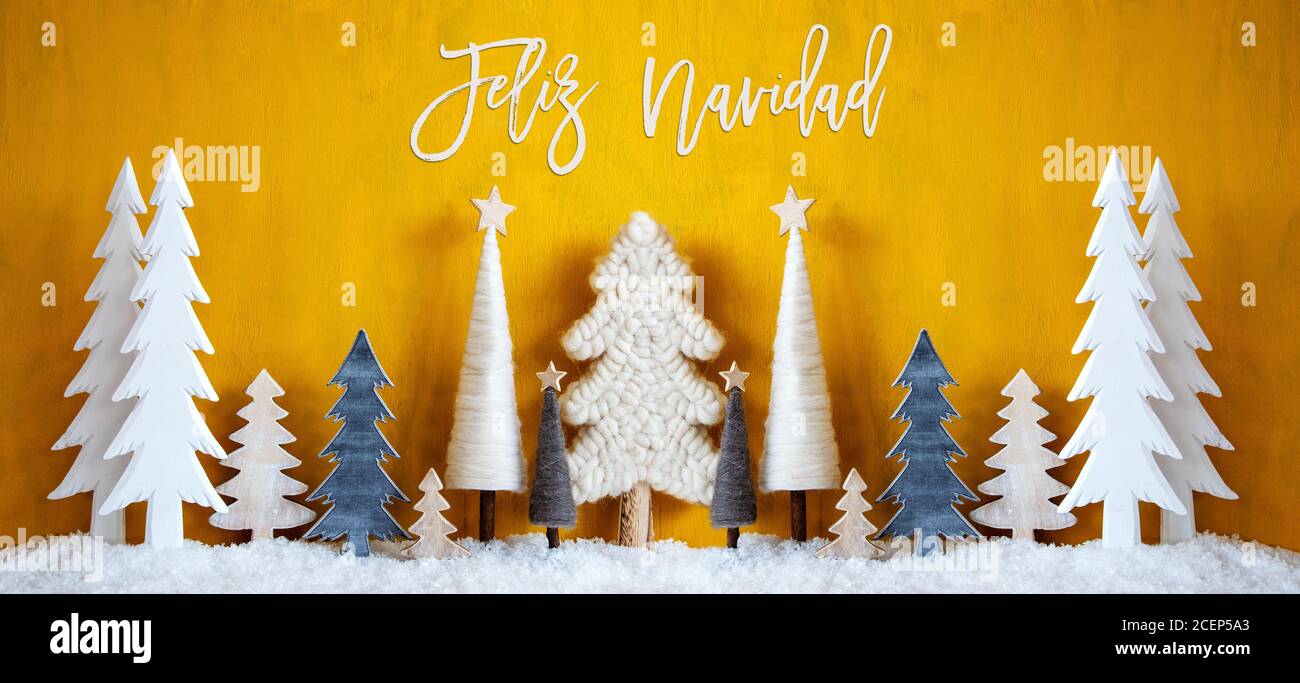 Banner, Trees, Snow, Yellow Background, Feliz Navidad Means Merry Christmas Stock Photo