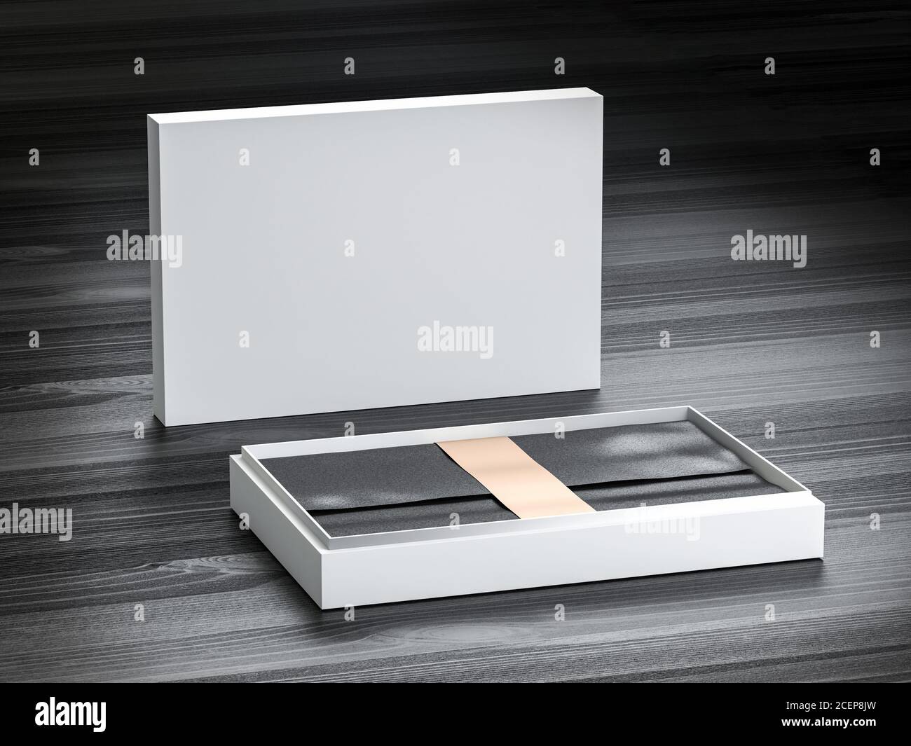 Download White Cardboard Gift Present Box Mockup With Wrapping Black Kraft Paper And Golden Fix Ribbon Opened And Closed For Branding And Identity Isolated Stock Photo Alamy