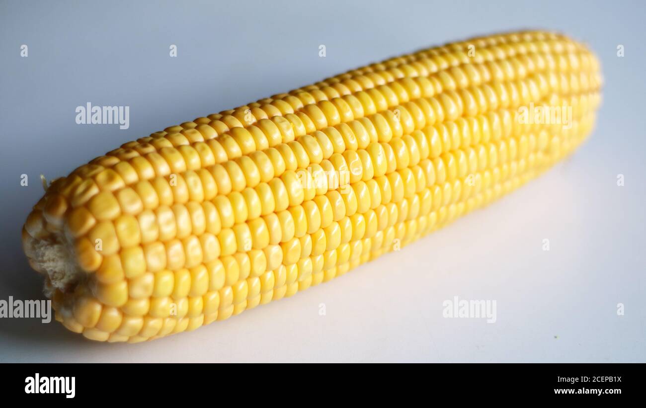 Peeled yellow corn cob on white background. Stock Photo