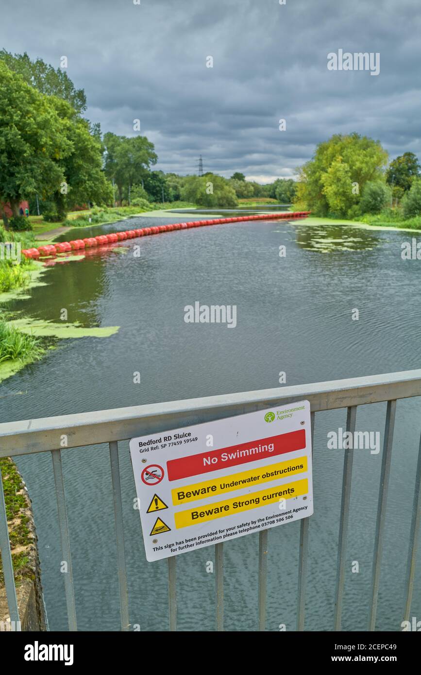 Barrier above the weir next the Nene artificial whitewater course, Northampton, England. Stock Photo