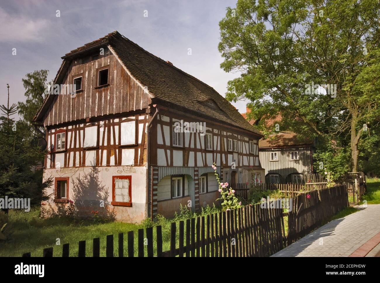 Half timbered Lusatian weavers houses in Bogatynia, Lower Silesia region, Poland Stock Photo