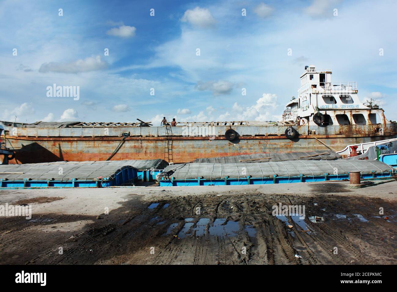 Cargo vessel anchored at the BIWT Ghat, Khulna, Bangladesh. Stock Photo
