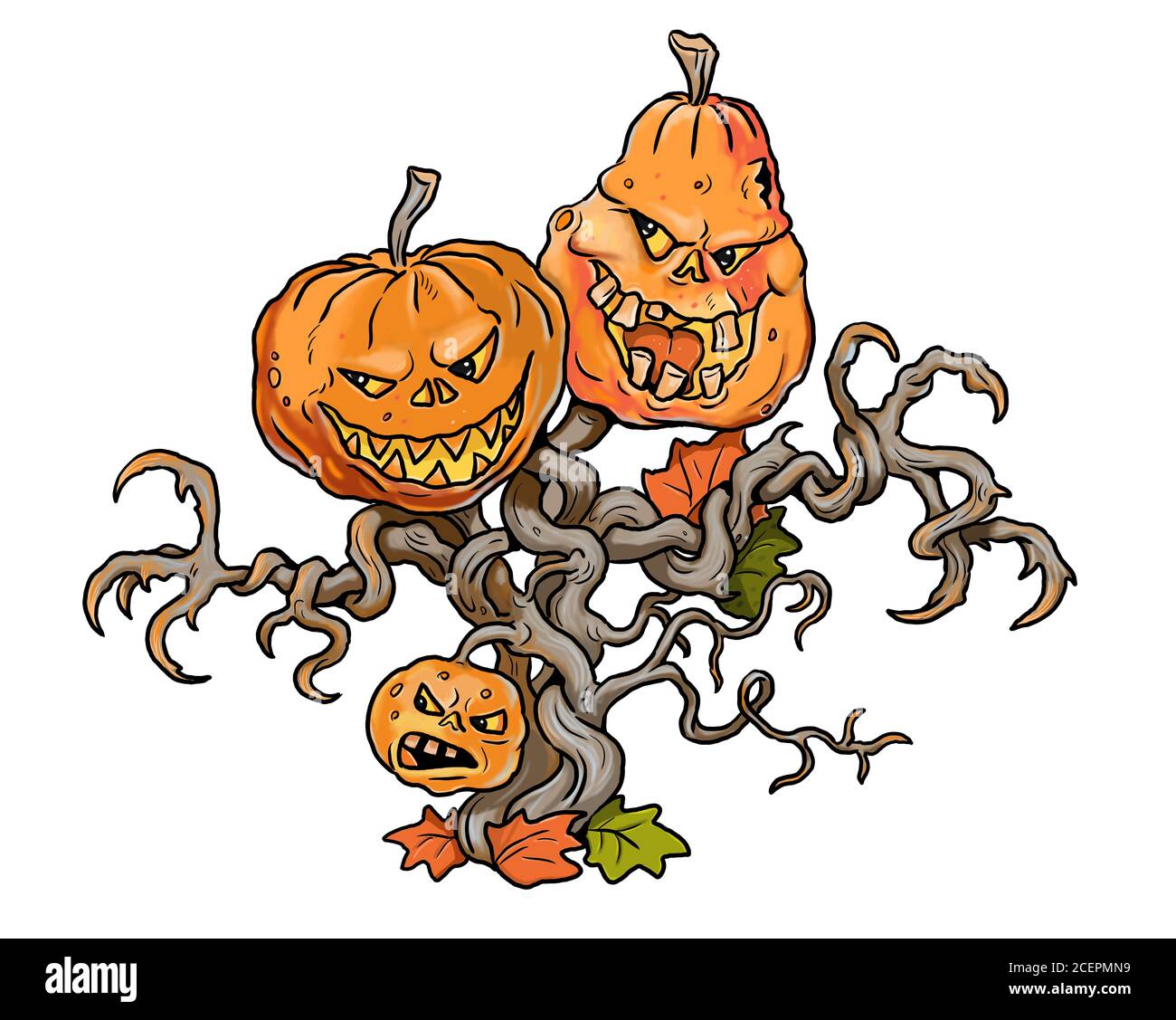 Funny pumpkins family. Halloween drawing. Stock Photo