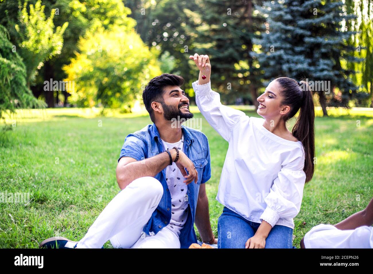 Young couple have fun on picnic in the park Stock Photo - Alamy