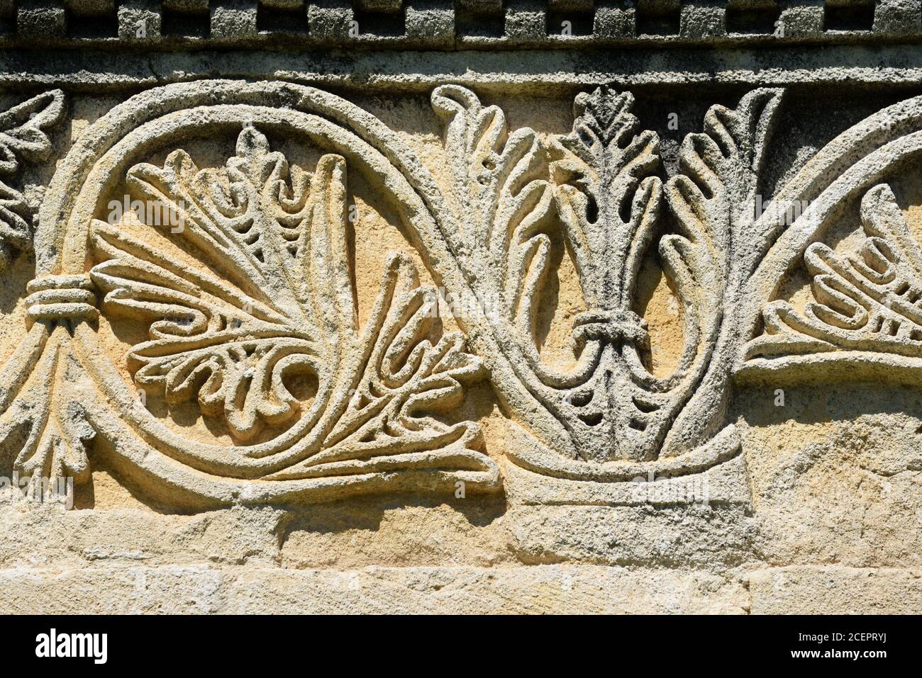 Medieval Stone Carving, Bas-Relief or Carved Acanthus Leaves of the c12th Romanesque Salagon Abbey or Salagon Priory Mane Provence France Stock Photo