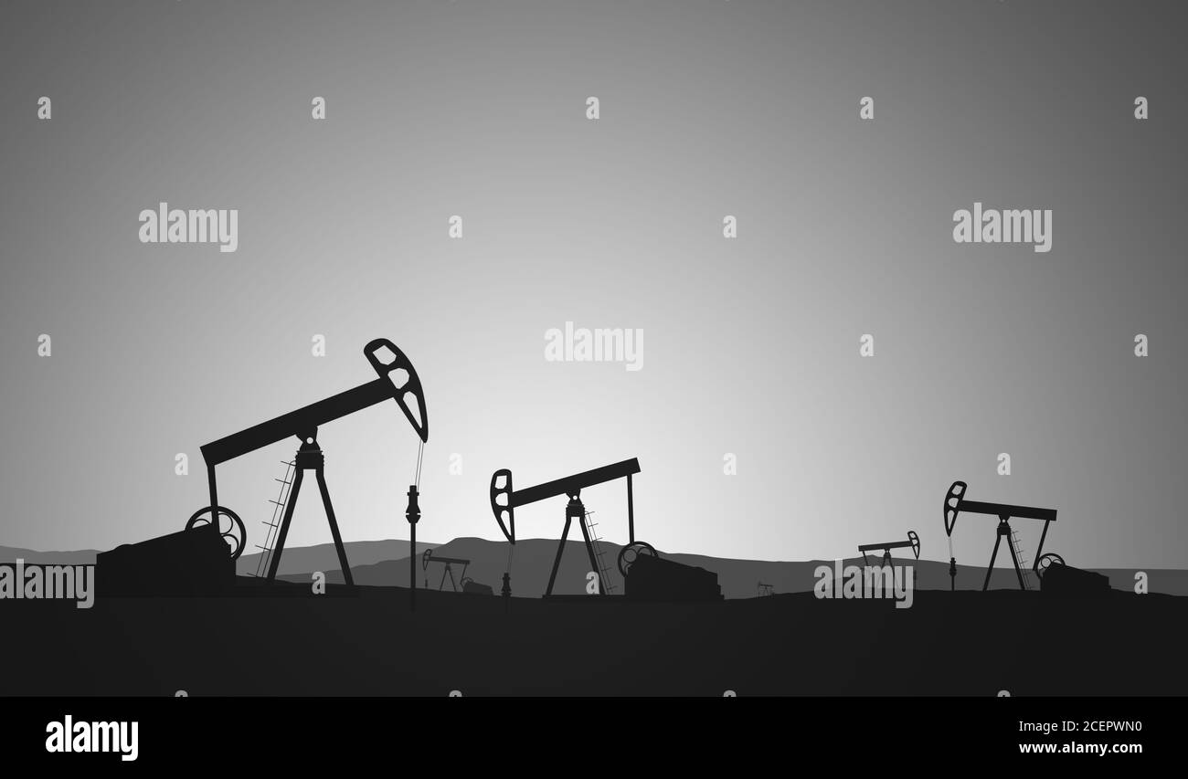 Silhouette of an oil pumps on a sky background. Illustration with copy