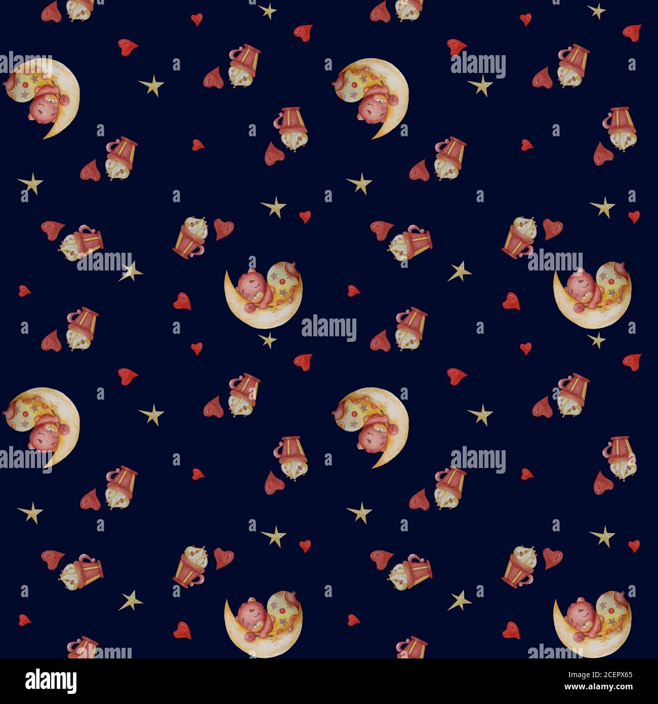 Seamless pattern with cute teddy bear sleeping on the moon and sweets ...