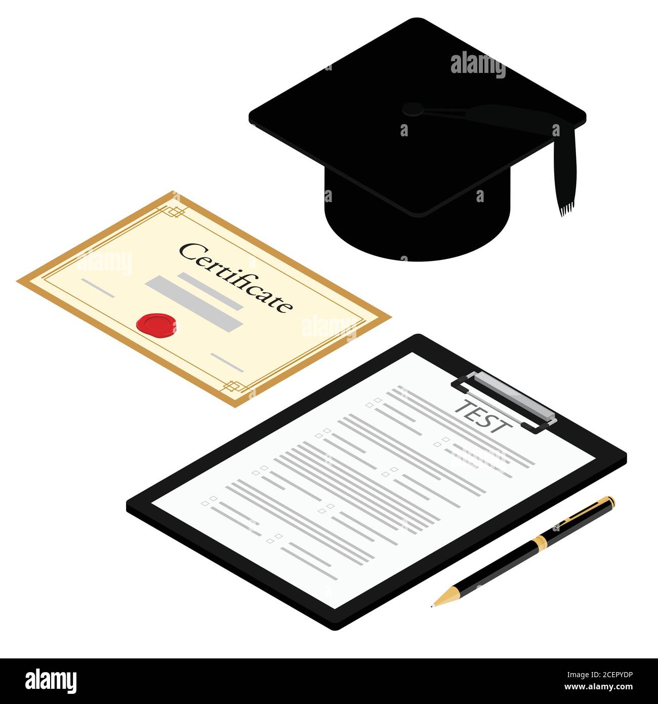 Education online testing, e-learning concept. Graduation cap, survey or  exam form paper document and diploma certificate Stock Vector Image & Art -  Alamy