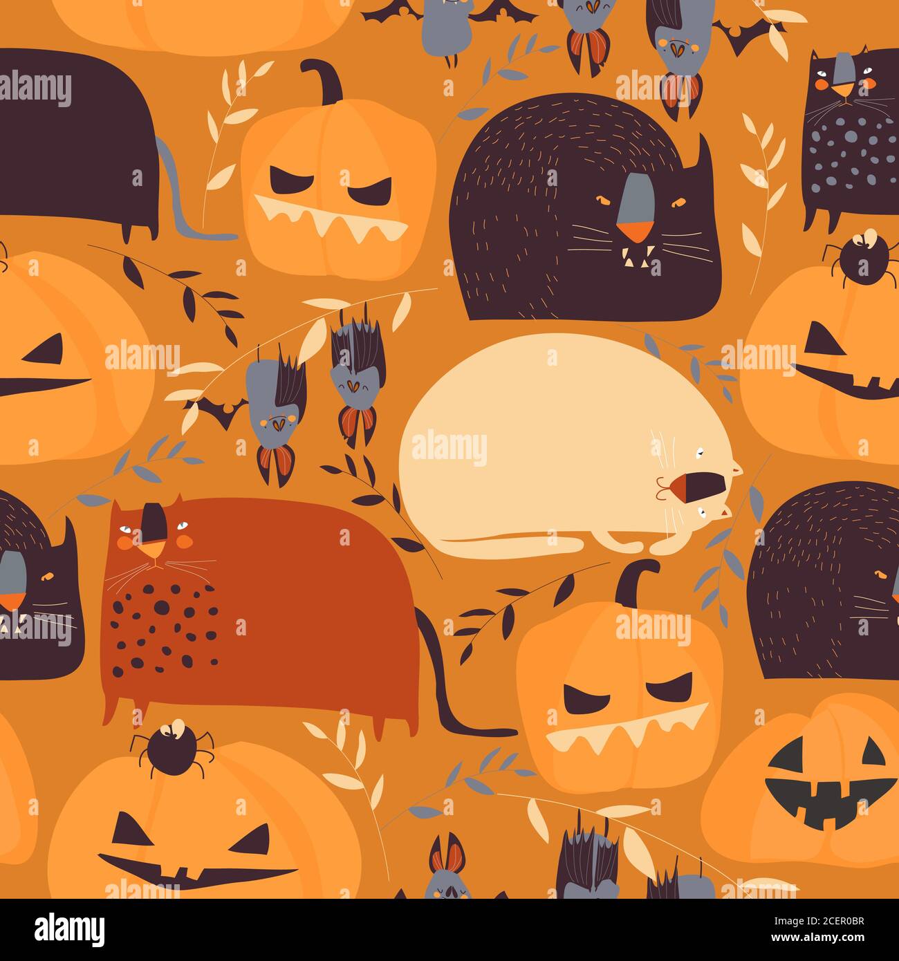 Seamless pattern with pumpkins and cats on orange background Stock Vector