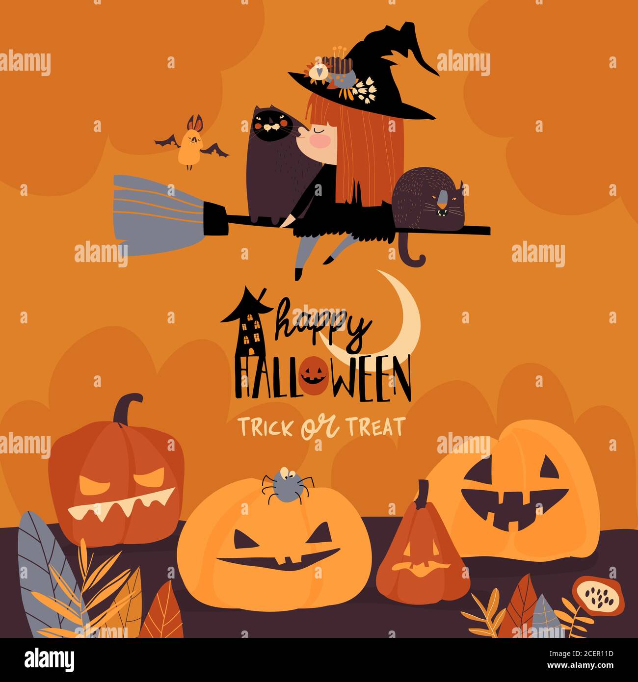 Cute Halloween redheaded witch flying on broom Stock Vector Image & Art ...