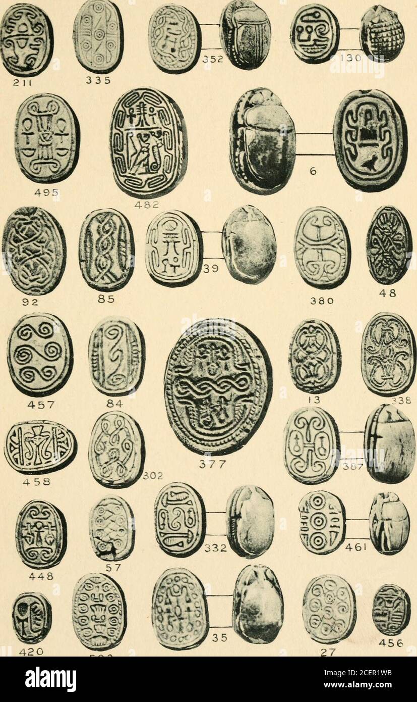 . The sacred beetle: a popular treatise on Egyptian scarabs in art and history. 415 SO ; Sorolfs,S;pi.ra:i Ornament. Hieroglyphs &c t i i Middle Kingdom style Pi XII. 4-56 503 croils. Spiral Ornament; Hi-e-noglypb^ &c •:; ?» * * » * » * . * * EGYPTIAN ORNAMENTAL PATTERNS, PROBABLY DERIVEDFROM SCARAB DECORATION. Stock Photo