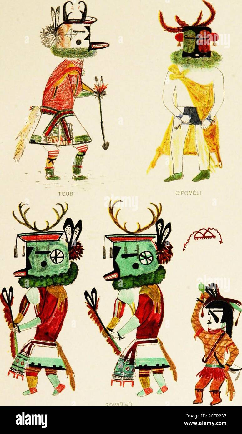 . Hopi Katcinas drawn by native artists. KWEWU HEUOTYPE CO.. BOSTON. BUREAU OF AMERICAN ETHNOLOGY TWENTY-FIRST ANNUAL REPORT PL. XLI. SOWINWU HELIOTYPE CO., BOSTON. fEwKEs] 80Y0HIM KATCINAS 103 mouth and two horizontal black marks with upturned ends for eyes.The face is green, with red, yellow, and black border; the ears havependants of corn husks. The blanket is white, with embroideredborder. Each figure carrieii in one hand a skin pouch with sacred meal, andin the other a rattle or a number of deer scapulfe. KWEwO (Plate XL) The picture representing the Wolf katcina has a well-drawn wolfshea Stock Photo