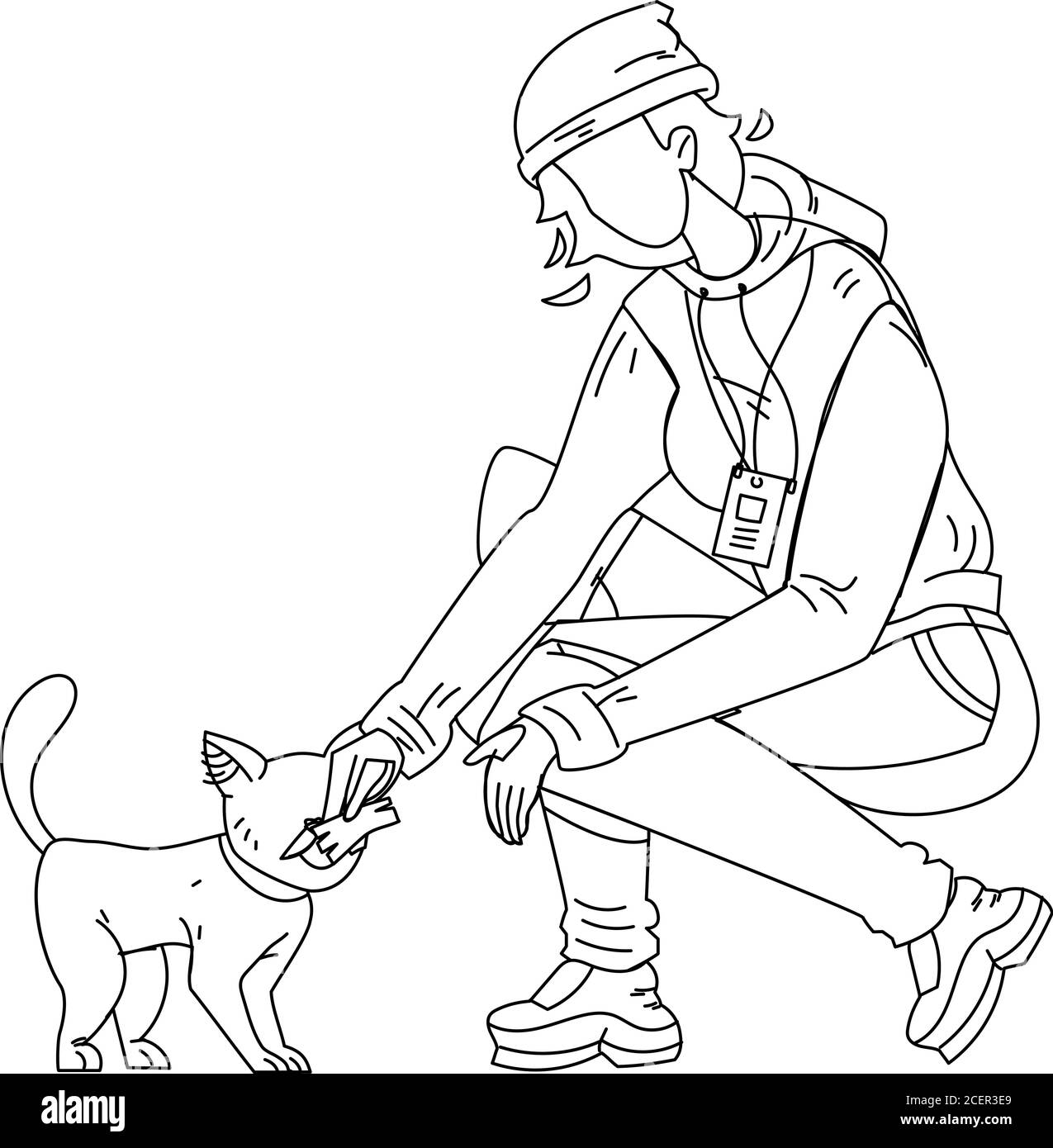Woman Volunteer Feed Homeless Cat Vector Illustration Stock Vector