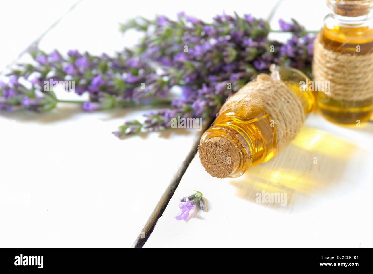 Lavender oil and lavender flowers on white background Stock Photo - Alamy