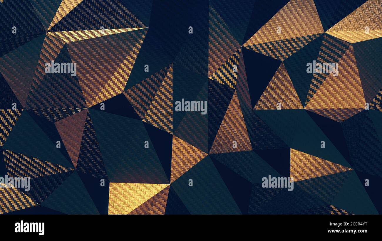 Carbon dark gold triangular polygonal geometric background. 3D rendering Stock Photo