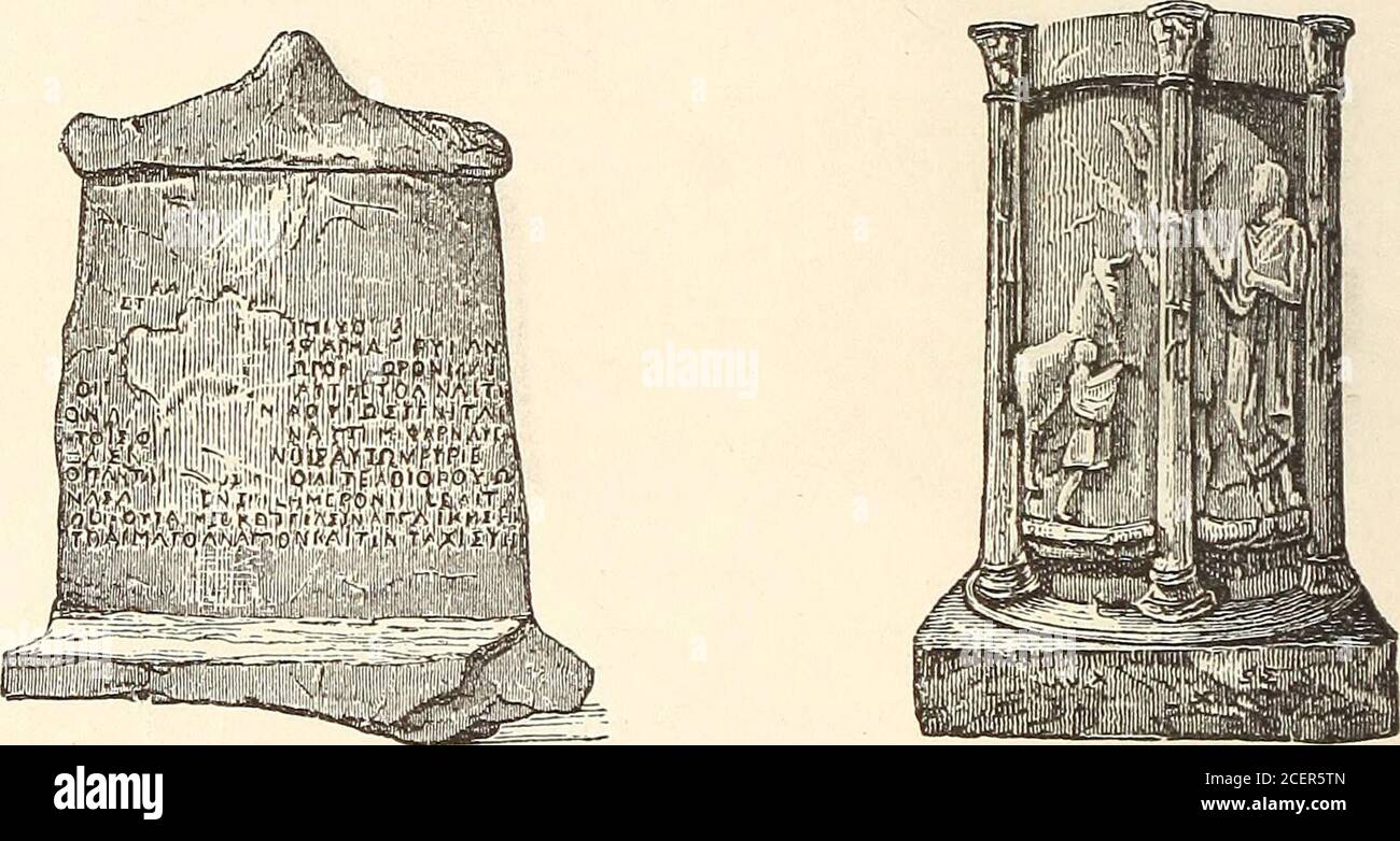 . The life of the Greeks and Romans. Fig. 122. c. In and on graves of this kind are found many objects, eitherfor the purpose of adorning them or for that of indicating the 94 ALTARS IN GRAVES.—STELAL identity of the body. Of vessels and other utensils intended forthe use of the dead, we have spoken before. When the buriedperson began to be considered as a hero, the grave required analtar. (Graves were commonly called heroa, even if not in theform of temples.) Such altars, in the shape of dice, with thename of the dead inscribed on them, are numerous in Boeotia,round the Helicon. Others, round Stock Photo
