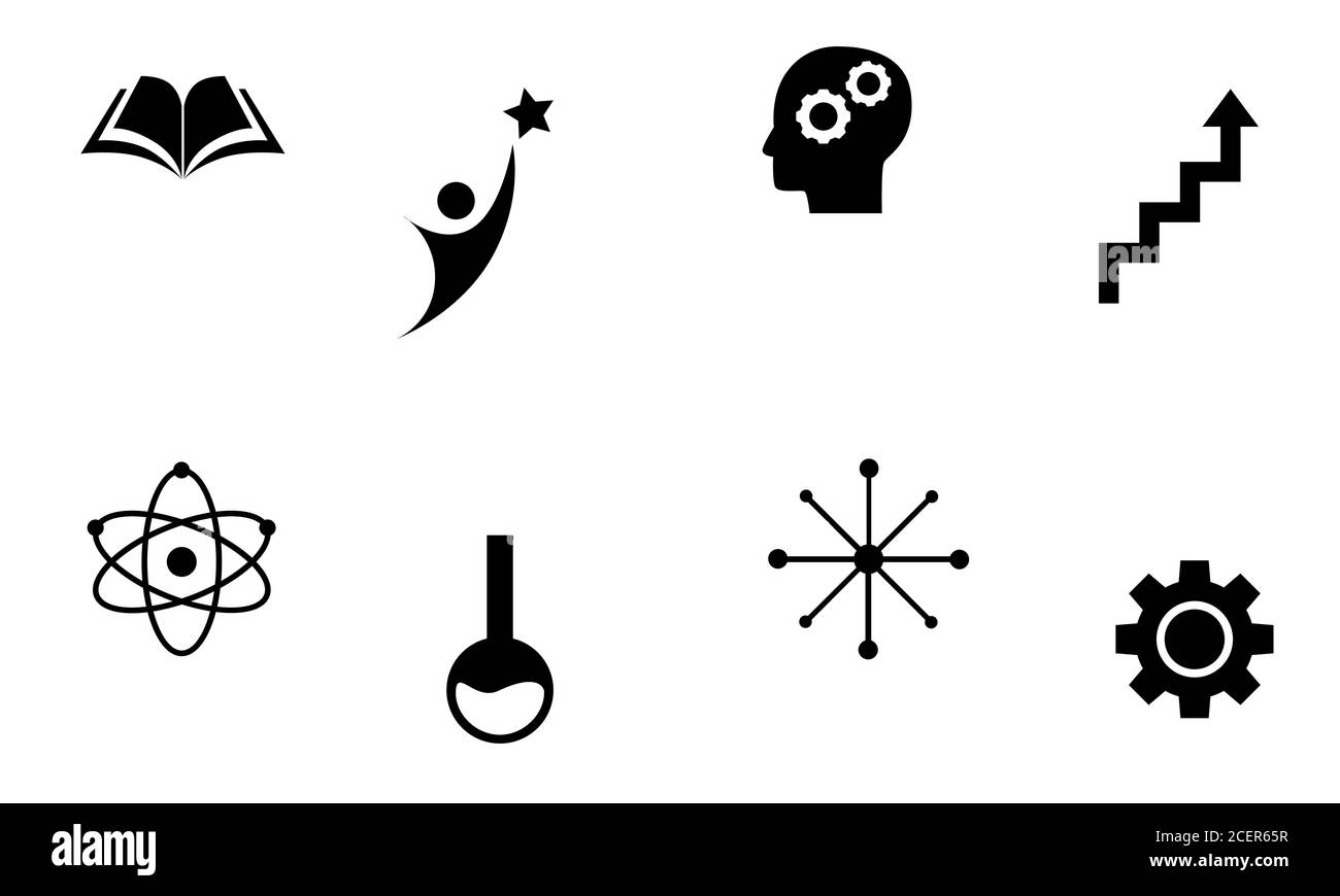 Set of black flat science and education vectors with book, man reaching for star, abstract