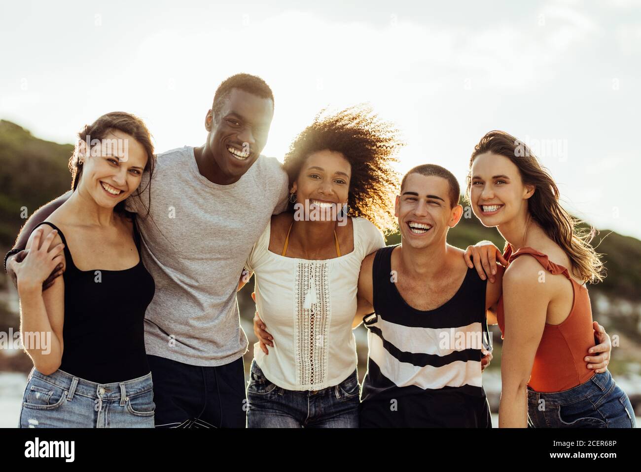 Group of friends who met during travel on their you abroad. Students being happy and while travelling their sabbatical year. Stock Photo