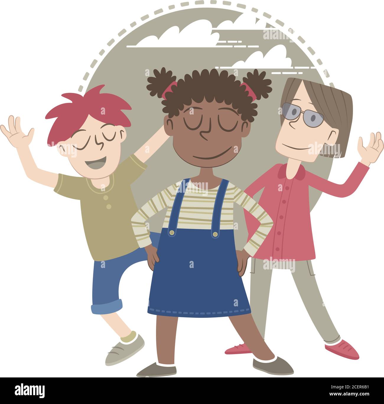 Three children are standing together. Stock Vector