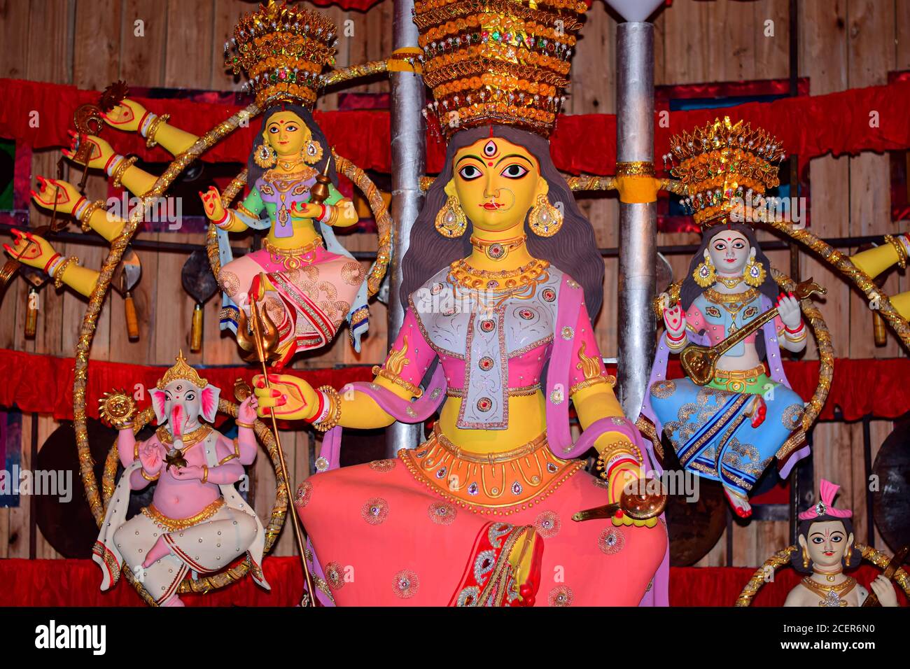 Goddess Durga idol at decorated Durga Puja pandal, shot at colored ...