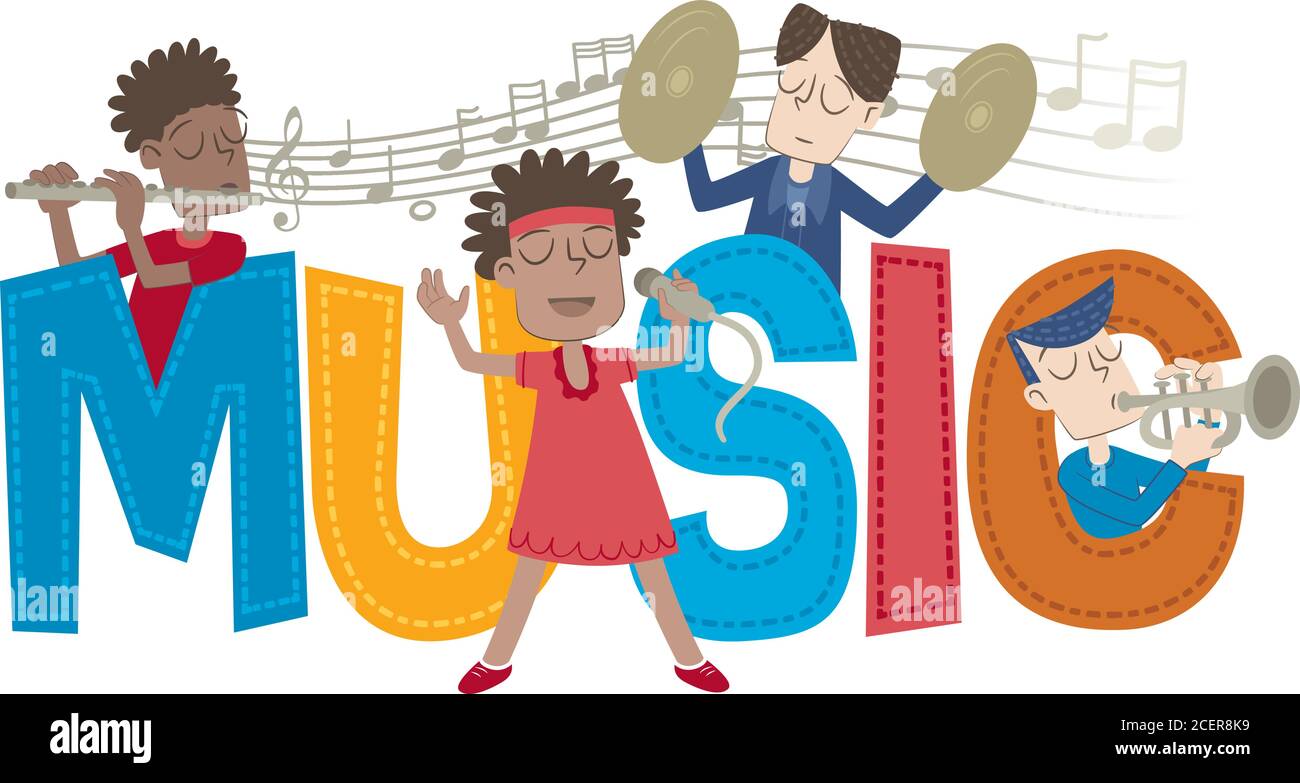 Retro style illustration with a group of children playing various musical instruments between the letters of the word music. Stock Vector