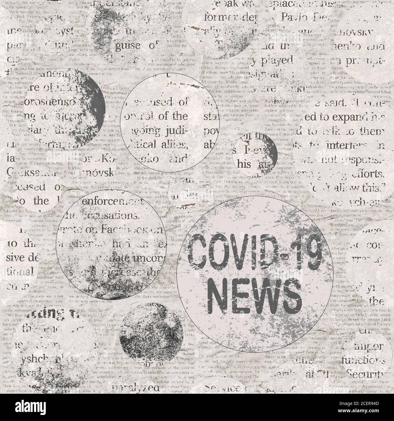 Coronavirus Covid-19 news scratched grunge newspaper old paper background. Blurred newspapers corona virus texture. Grey collage textured page backdro Stock Photo