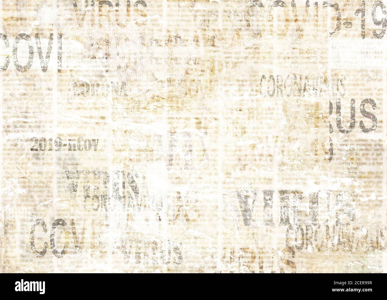 Coronavirus Covid-19 news scratched grunge newspaper old paper background. Blurred newspapers corona virus texture. Grey sepia beige collage textured Stock Photo