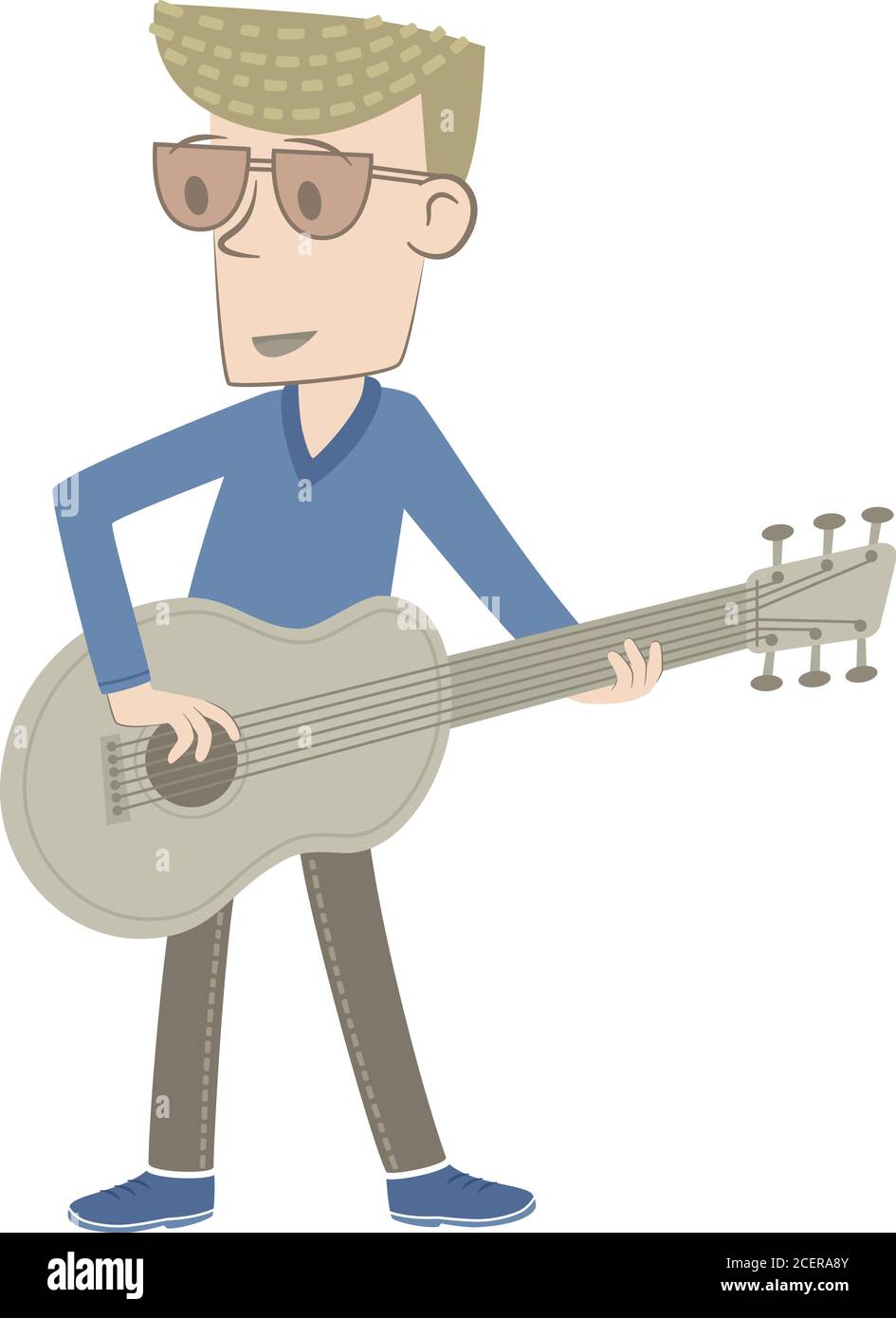 Retro style illustration of a little boy playing the guitar. Stock Vector