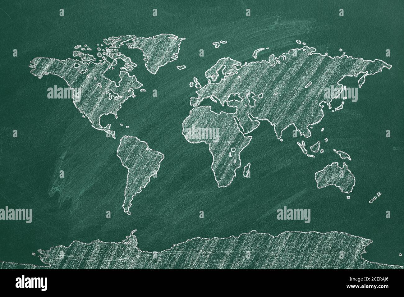 World map hand drawn chalk. Sketch on a chalkboard. Stock Photo