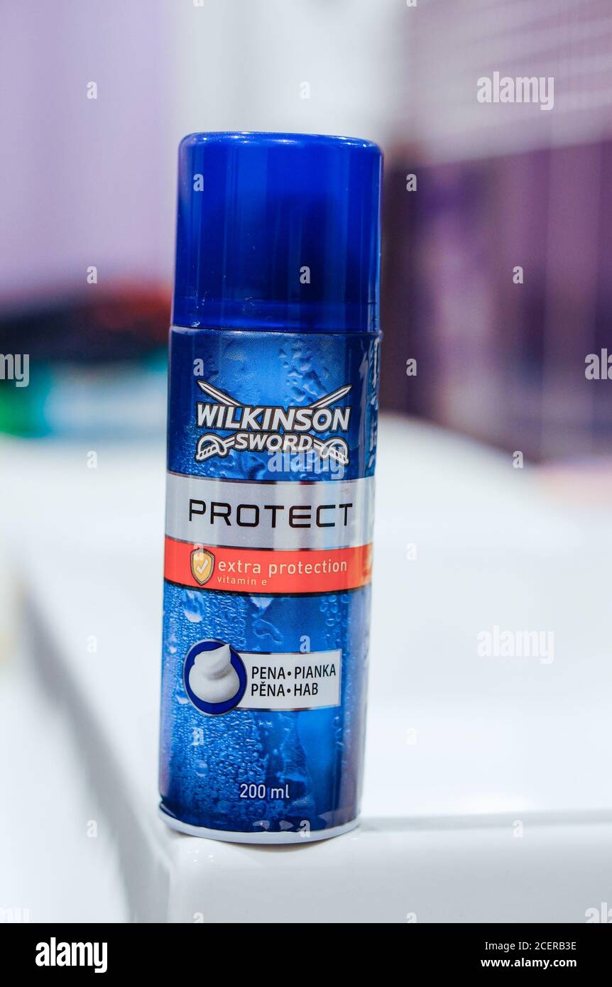 POZNAN, POLAND - Dec 30, 2015: Wilkinson Sword shaving foam in a blue  bottle Stock Photo - Alamy