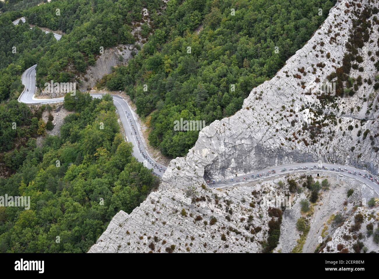 Aerial View of the Tour de France 2020 Cycle Race Passes through the Taulanne Ravine near Castellane in the southern French Alps Stock Photo