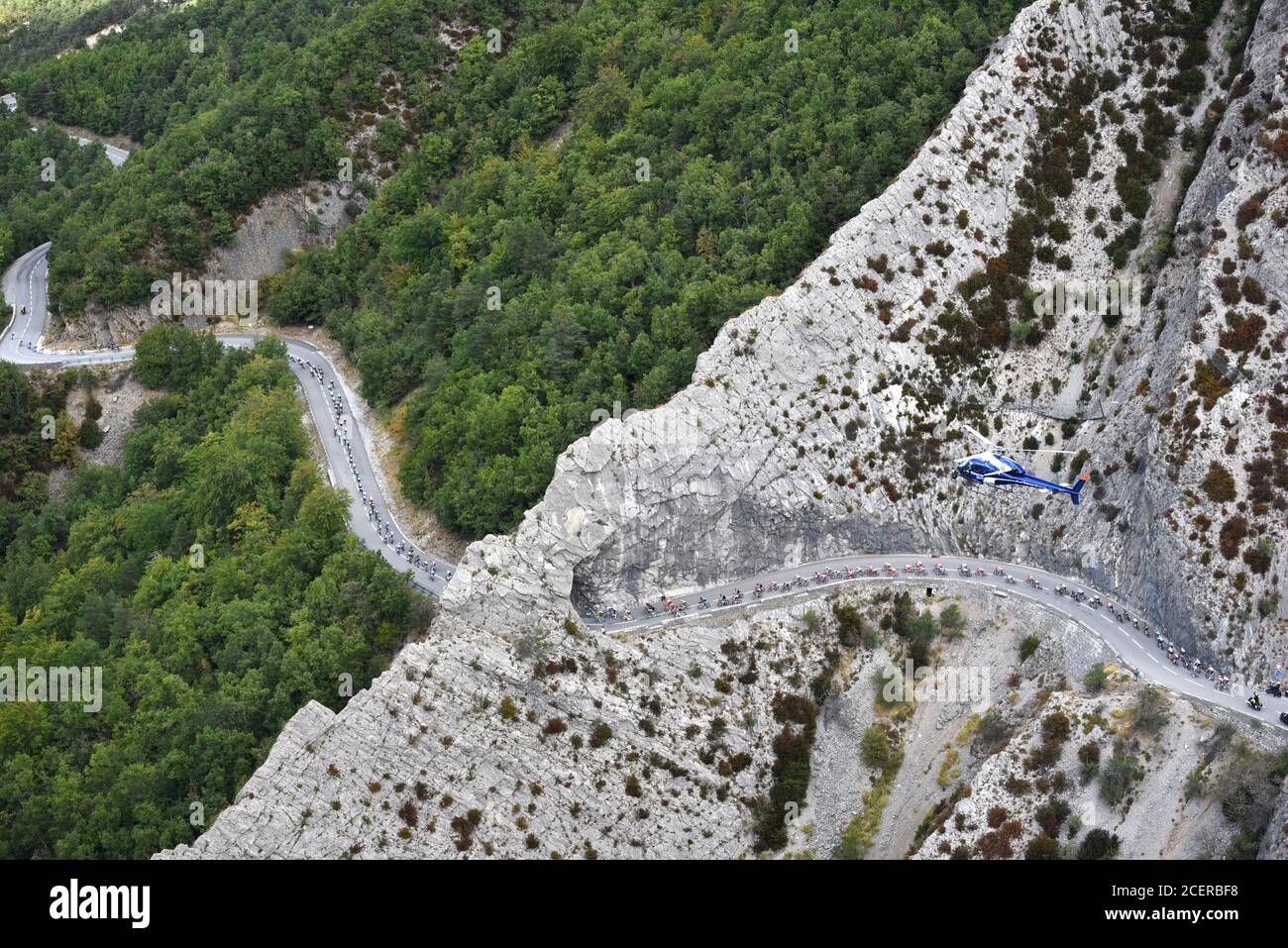 Aerial View of the Tour de France 2020 Cycle Race Passes through the Taulanne Ravine near Castellane in the southern French Alps Stock Photo