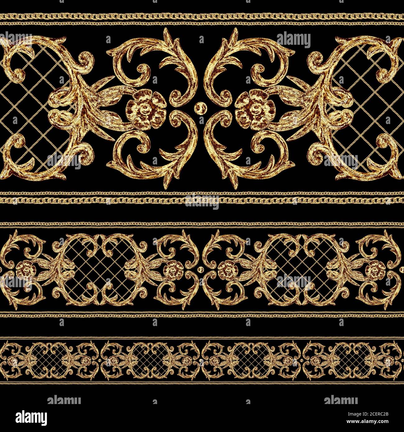 Baroque style golden ornamental segments seamless pattern. Watercolor hand drawn gold border frame with scrolls, leaves, chains and elements on black Stock Photo