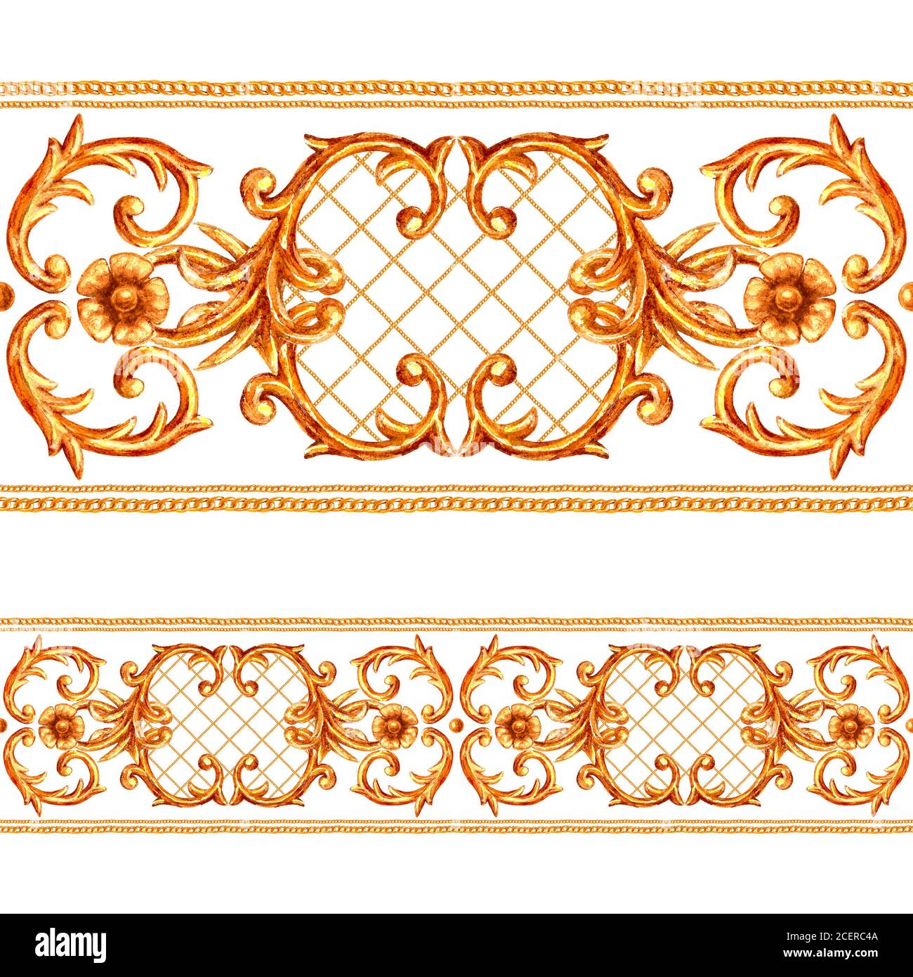 Baroque style golden ornamental segments seamless pattern. Watercolor hand drawn gold border frame with scrolls, leaves, chains and elements on white Stock Photo