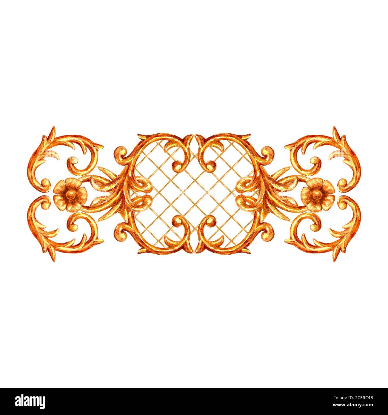 Baroque style golden ornamental element. Watercolor hand drawn gold segment with scrolls, leaves, chains and elements on white background. Watercolour Stock Photo