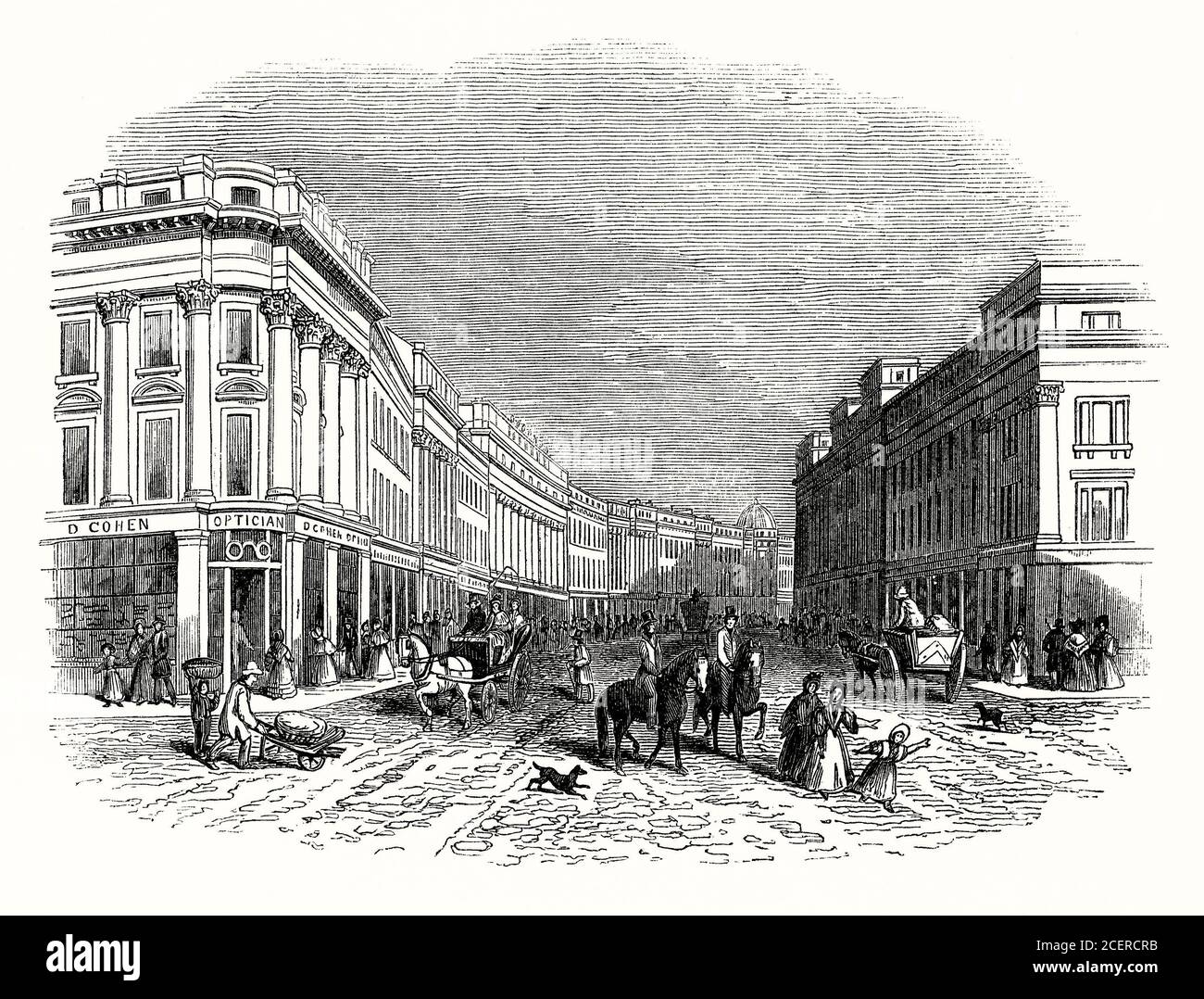 An old engraving of a busy street scene on Grey Street, Newcastle upon Tyne (commonly known as Newcastle), Tyne and Wear, England, UK during the Victorian era. Grainger Town is the historic heart of Newcastle incorporating classical streets built by Richard Grainger, a builder and developer, between 1824 and 1841. Some of Newcastle's finest buildings and streets lie within the Grainger Town area including Grey Street and Grainger Street and the architecture is dubbed 'Tyneside Classical' architecture. Stock Photo