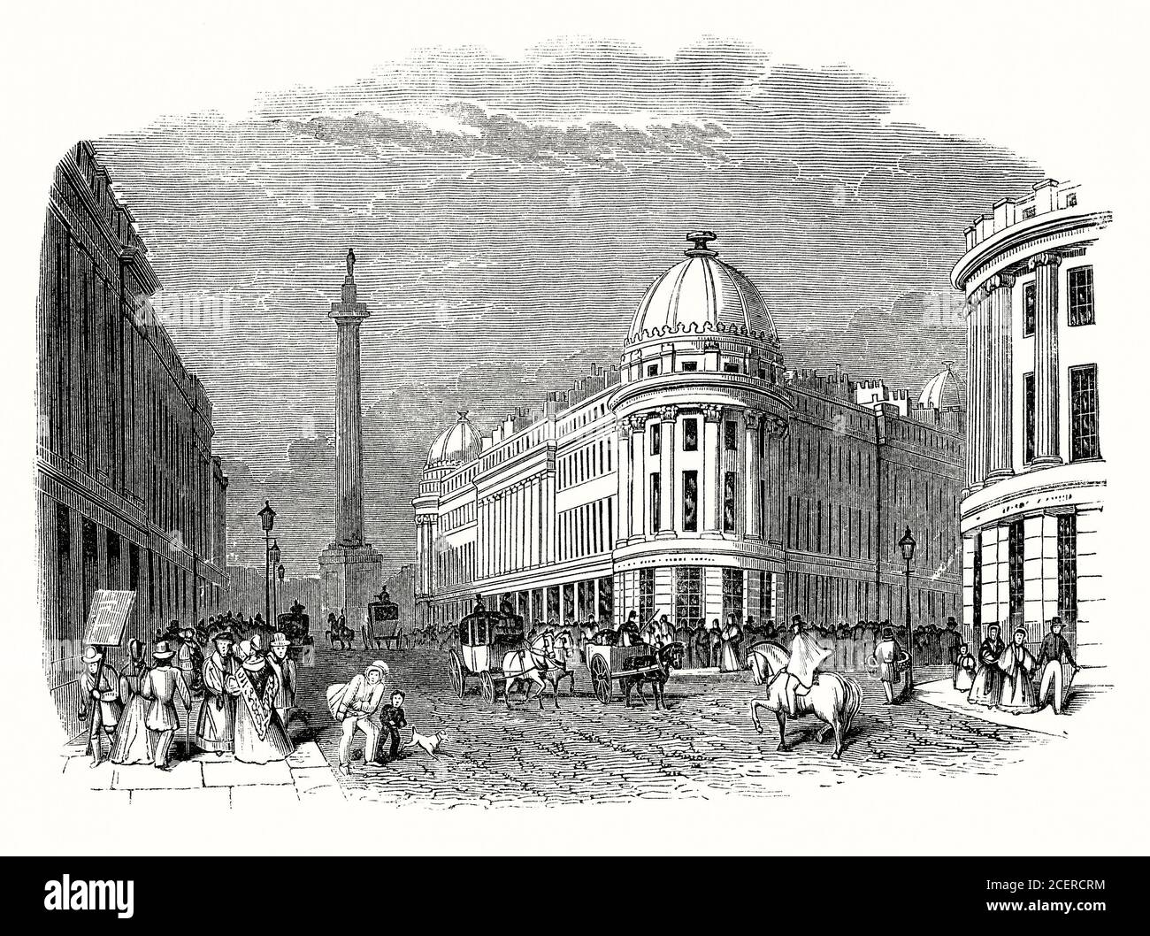 An old engraving of a busy street scene on Grainger Street, Newcastle upon Tyne, Tyne and Wear, England, UK during the Victorian era. Grainger Town is the historic heart of Newcastle incorporating classical streets built by Richard Grainger, a builder and developer, between 1824 and 1841. Some of Newcastle's finest buildings and streets lie within the area ('Tyneside Classical' architecture). Grey's Monument (background) is a monument to Charles Grey, 2nd Earl Grey built in 1838 – created by Edward Hodges Baily (famous for Nelson's statue in Trafalgar Square). Stock Photo