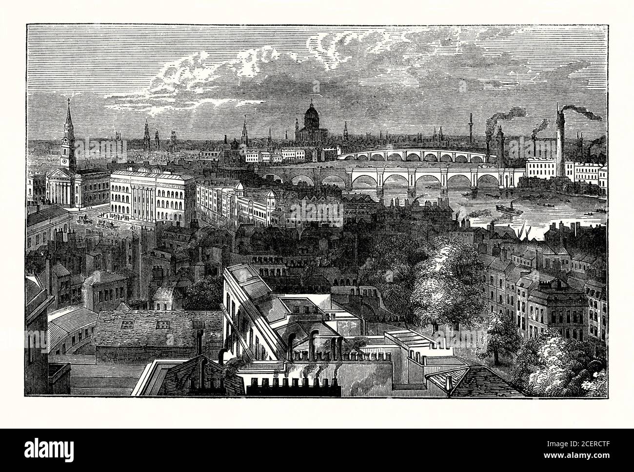 A mid 1800s old engraving of the panoramic view from York Column looking east over Victorian London and the River Thames with Waterloo and Blackfriars Bridges and in the distance St Pauls Cathedral. The bridge nearest is Waterloo Bridge. It was designed by John Rennie and opened in 1817 as a toll bridge. Behind is Blackfriars Bridge. It was a toll bridge designed in an Italianate style by Robert Mylne. It opening in 1769. It was originally named ‘William Pitt Bridge’ (after the Prime Minister William Pitt the Elder). Stock Photo