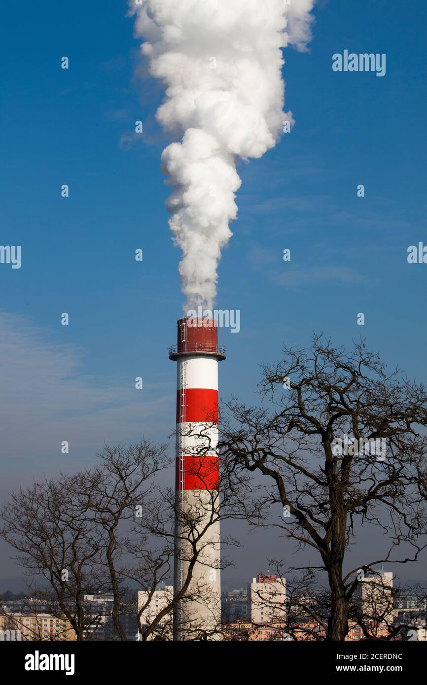 Smokestack and smoke from heating plant in Prague, Czech Republic, on February 24, 2011. (CTK Photobank/Martin Sterba) Stock Photo