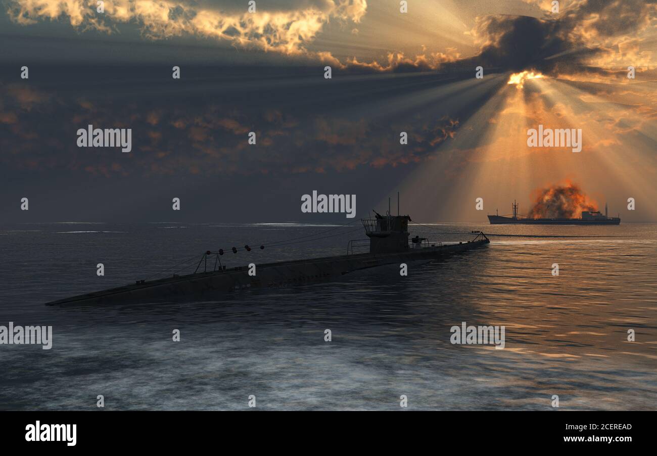 A Nazi German U Boat , Attacking An Allied Cargo Ship During WW2. Stock Photo