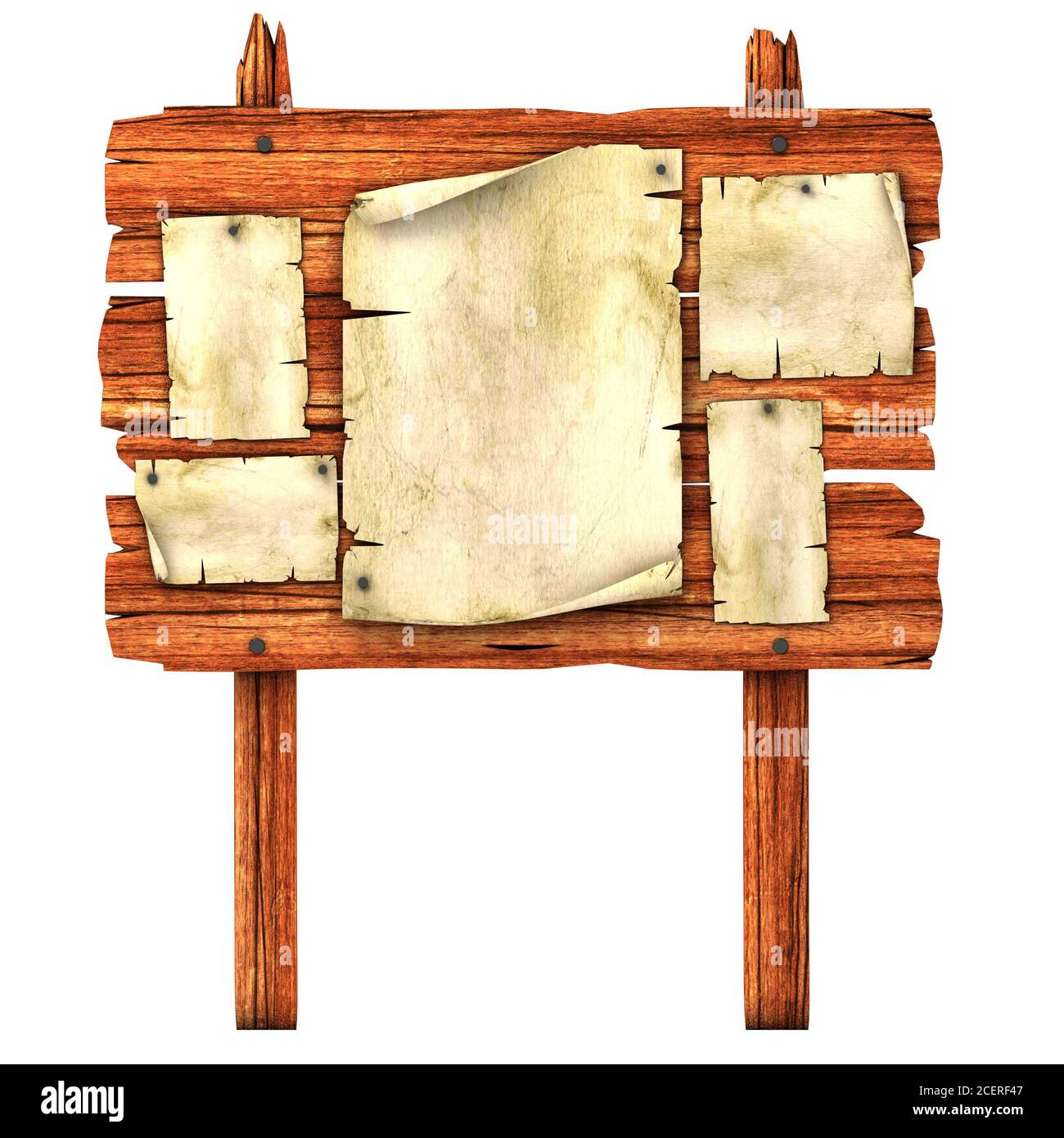 old blank parchments on the wooden billboard isolated on the white ...