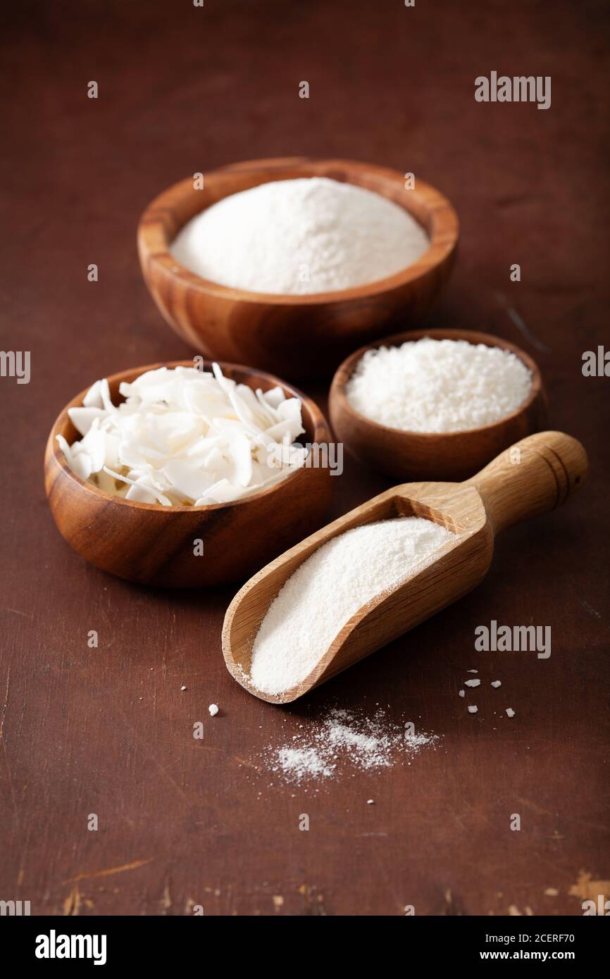 coconut flour and flakes healthy ingredient for keto paleo diet Stock