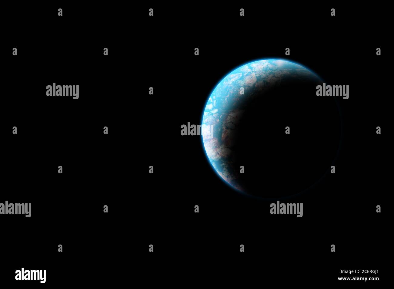 Blue alien planet in space. Isolated on black background with copy space. Stock Photo