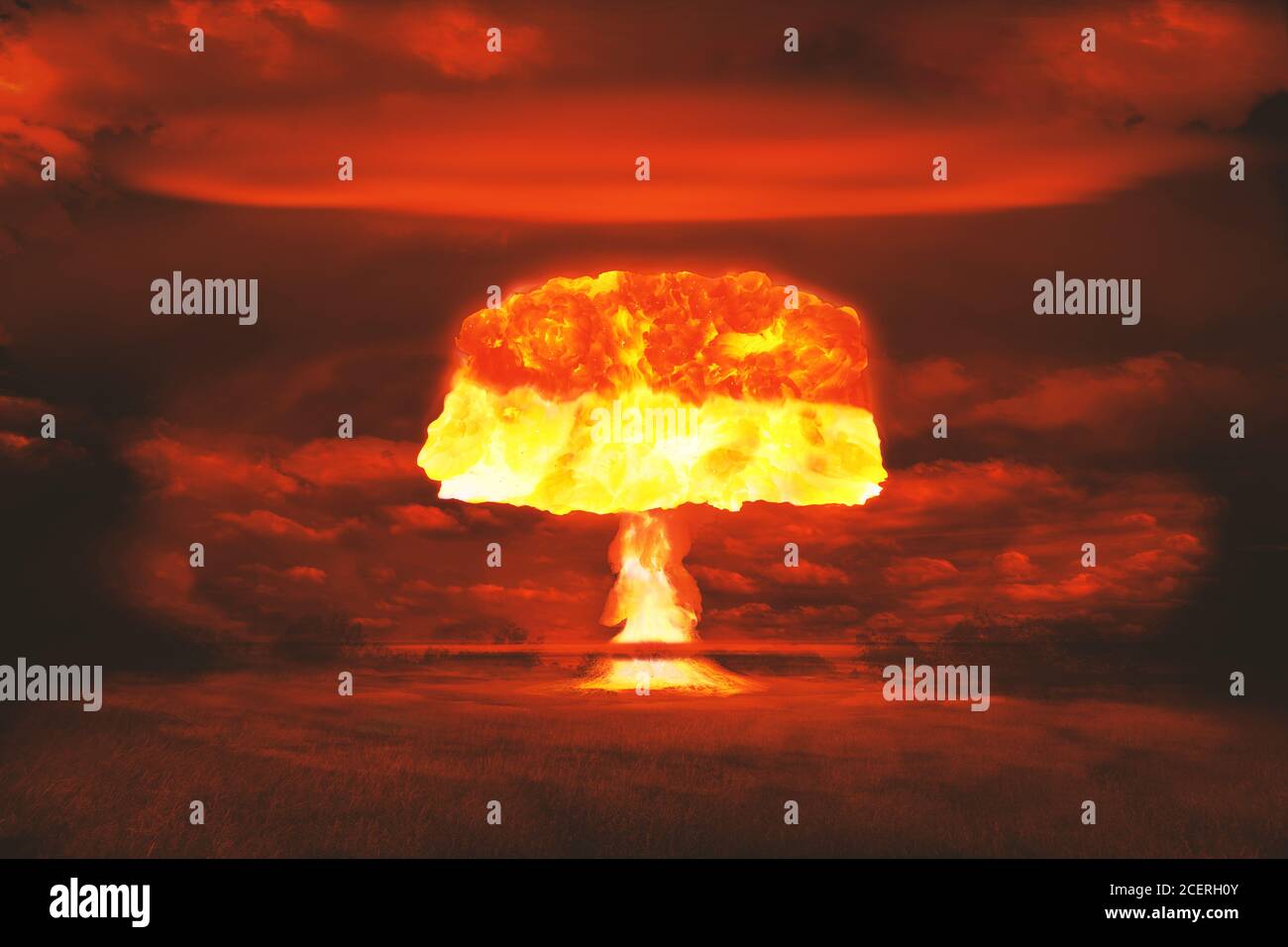 Atomic bomb realistic explosion, red color with smoke, dim image Stock Photo
