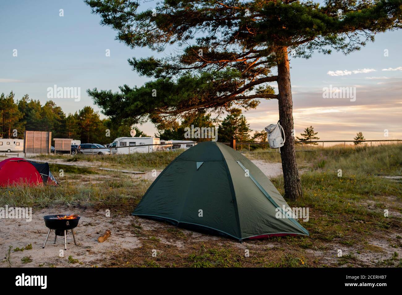 Tourist tent in camping on meadow near forest. Sun shining Stock Photo ...