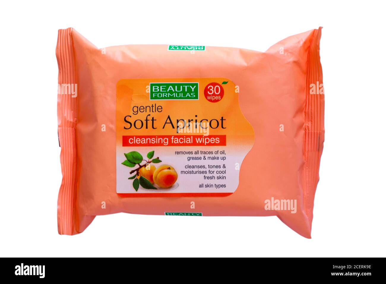 Packet of beauty formulas gentle soft apricot cleansing facial wipes isolated on white